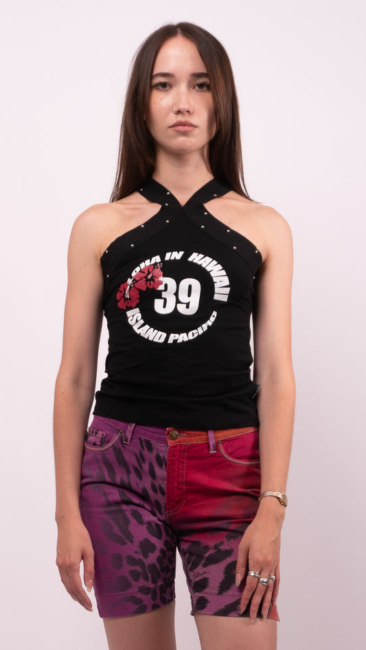 Denny Rose Twisted Studded Halter Neck Graphic Top