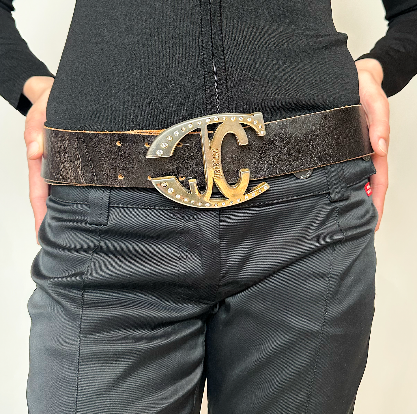 Just Cavalli Black Leather Belt with Logo Buckle