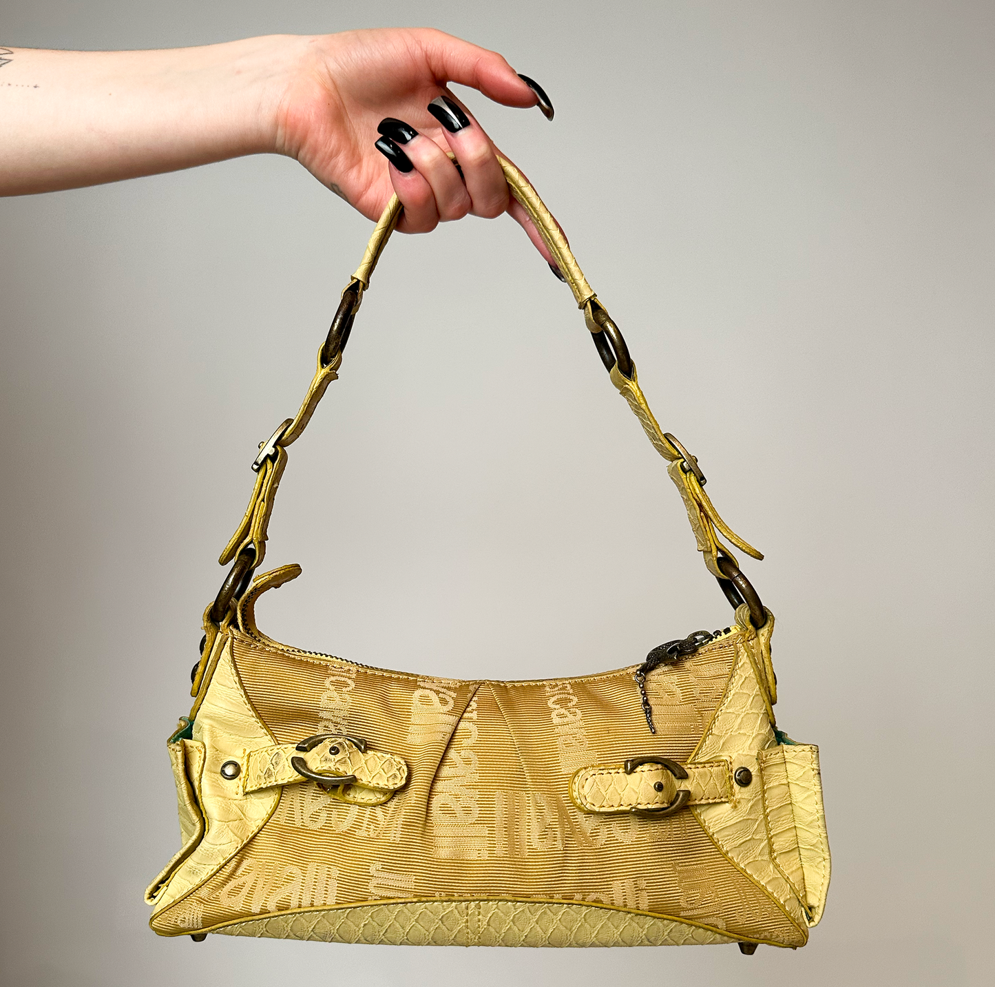 Roberto Cavalli Mustard Gold Shoulder Bag with Snake Zip