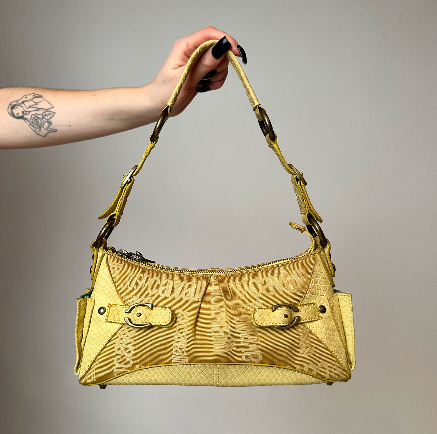 Roberto Cavalli Mustard Gold Shoulder Bag with Snake Zip