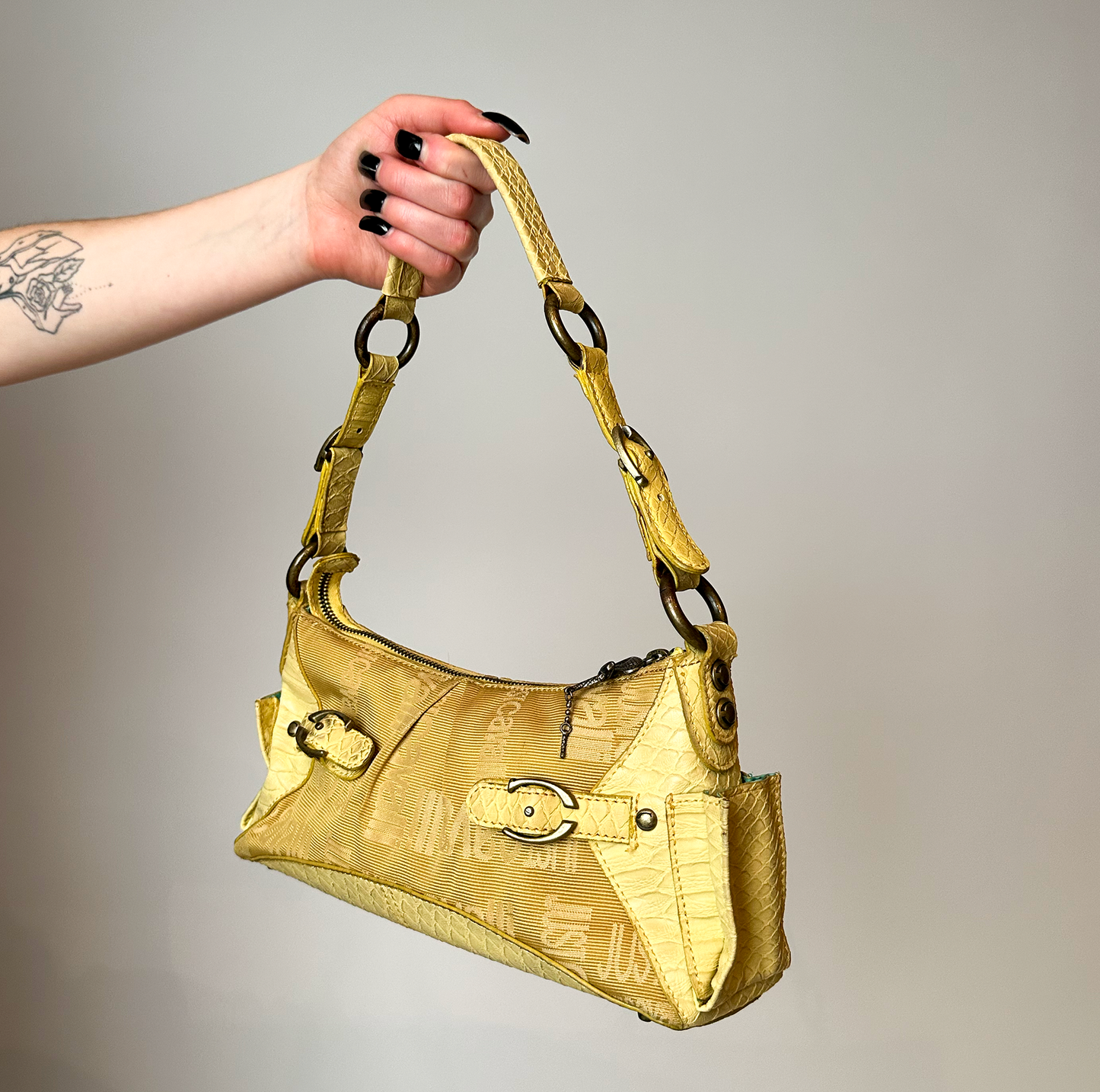 Roberto Cavalli Mustard Gold Shoulder Bag with Snake Zip