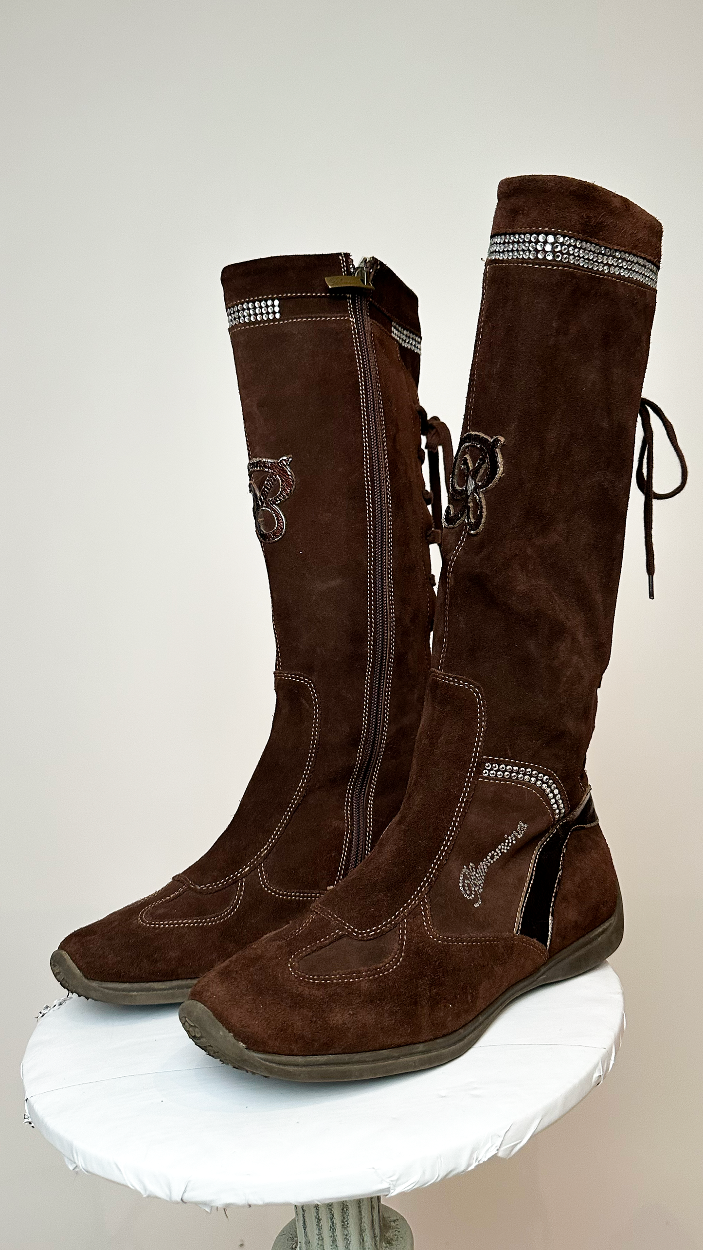 Blumarine Brown Suede Knee High Boots with Lace Detail on Back