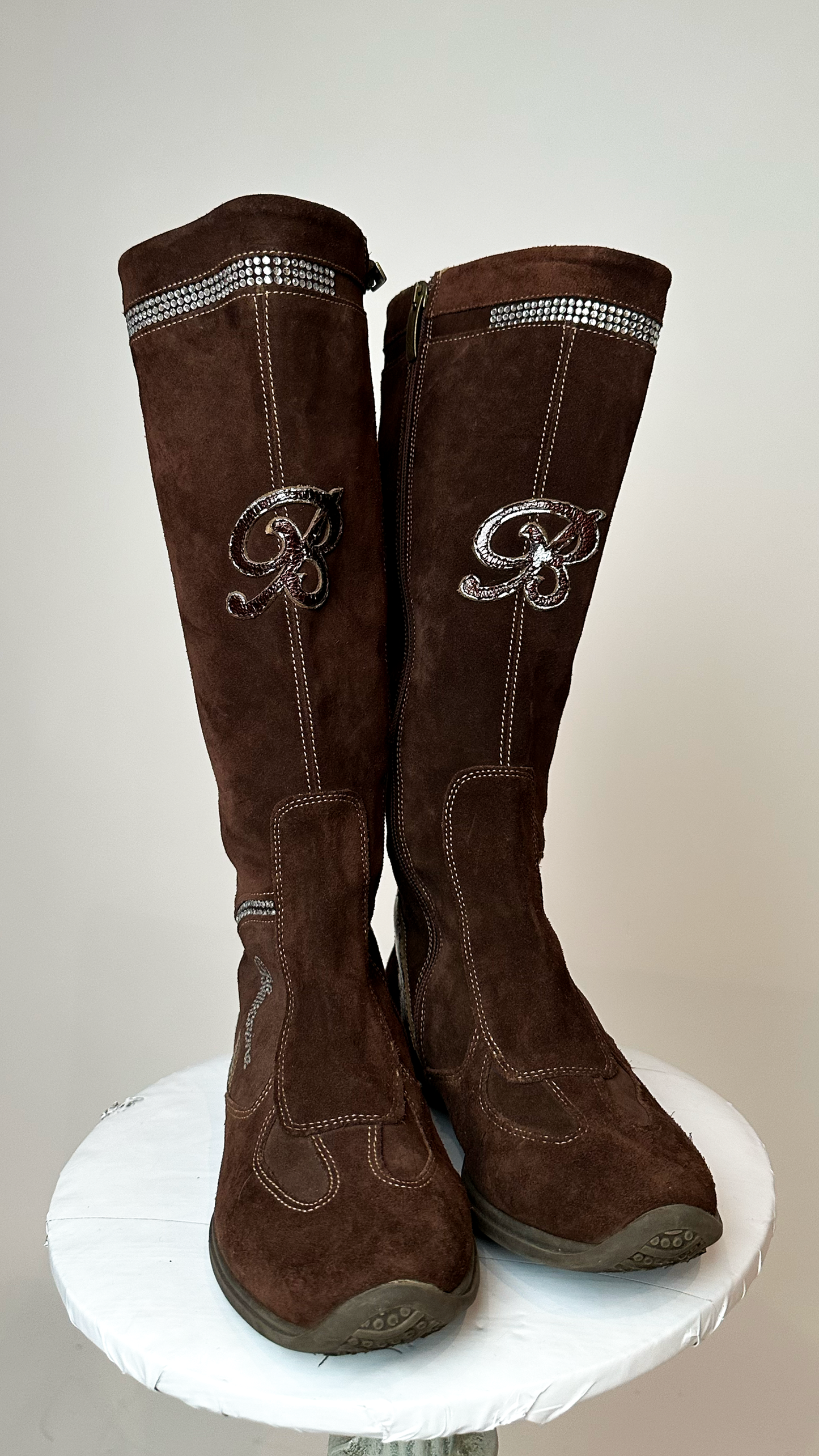 Blumarine Brown Suede Knee High Boots with Lace Detail on Back