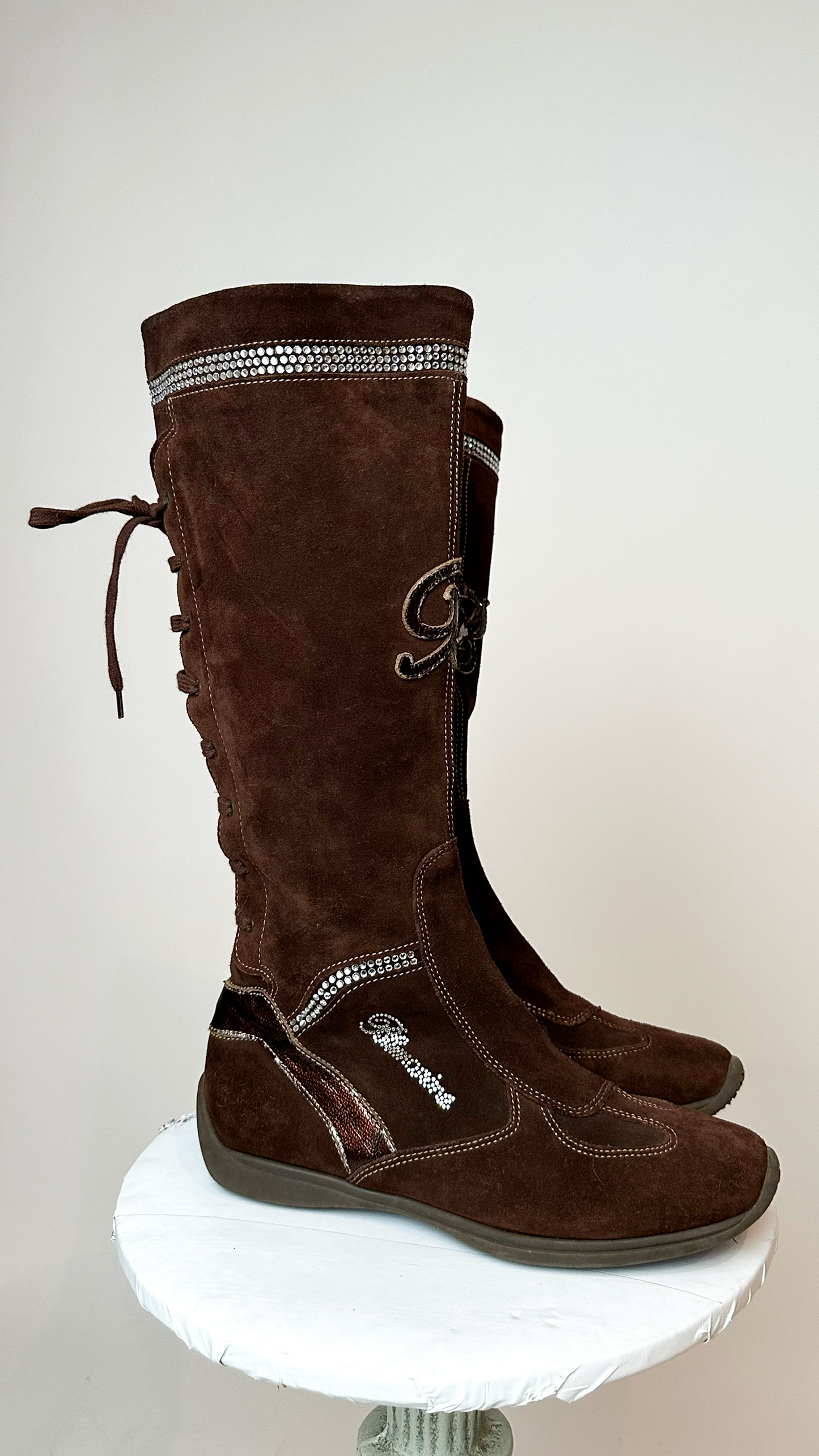 Blumarine Brown Suede Knee High Boots with Lace Detail on Back