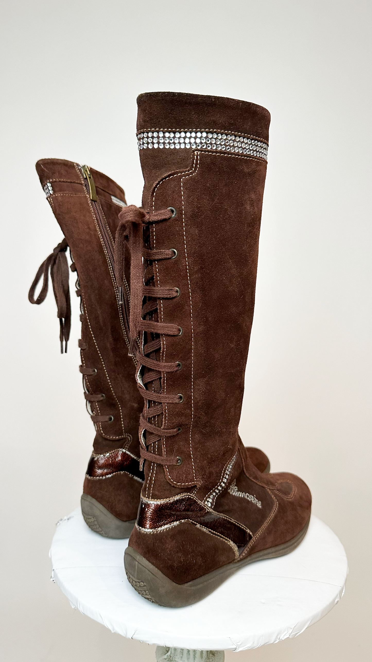 Blumarine Brown Suede Knee High Boots with Lace Detail on Back